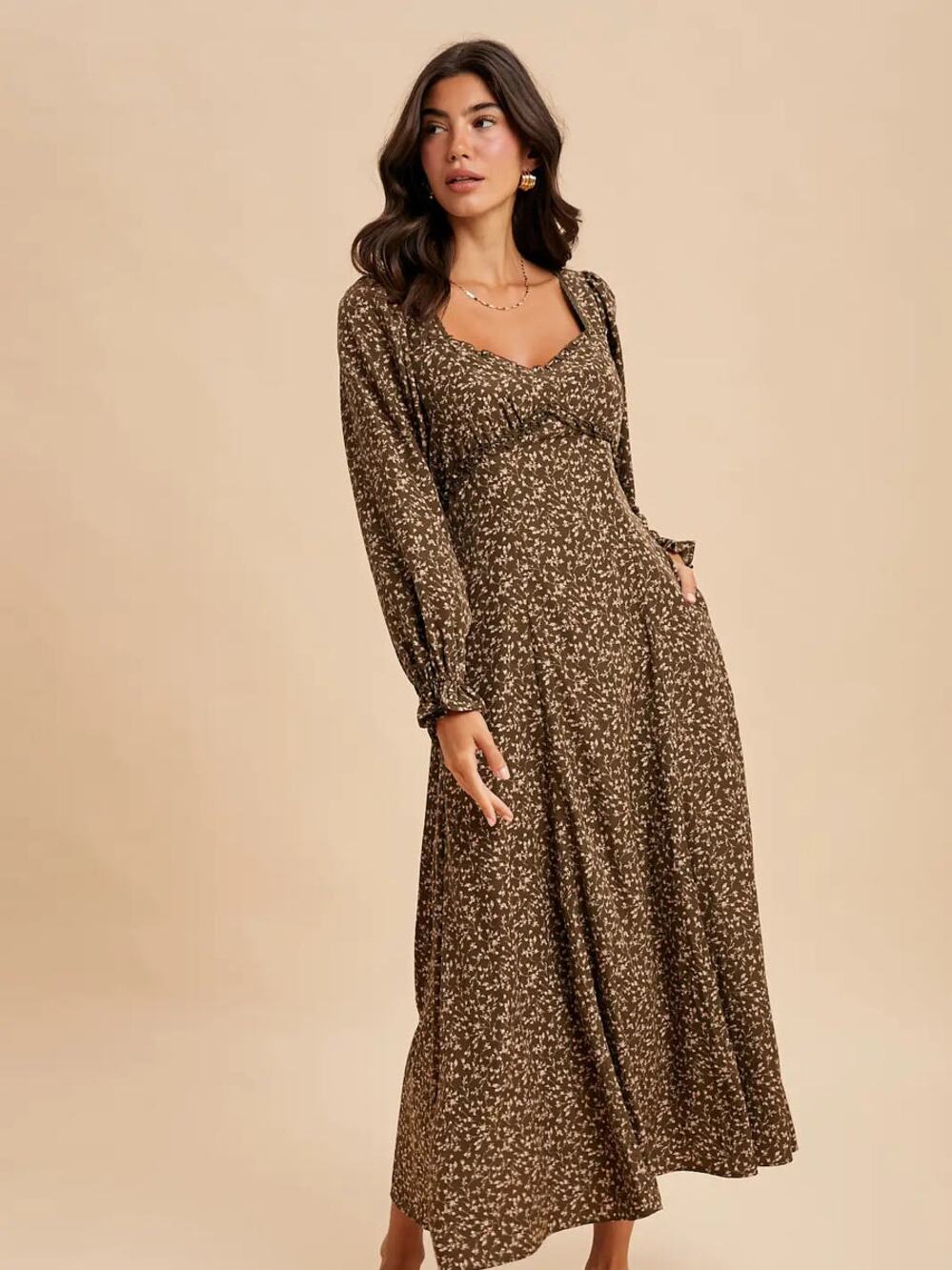 NWT In Loom Brown Floral Sweetheart Long Sleeve Maxi Dress - Size M